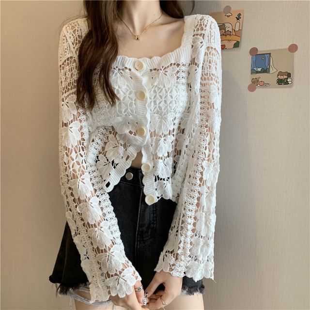 Cropped Crochet Floral Square Cardigan Neck