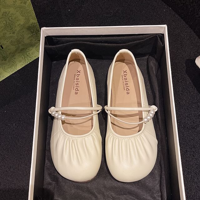 Faux Flats Mary Jane Beaded Ruched Pearl