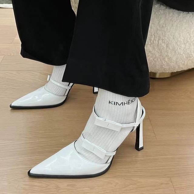 Ankle Accent Leather Toe Bow Pointed Patent Sandals Stiletto Strap