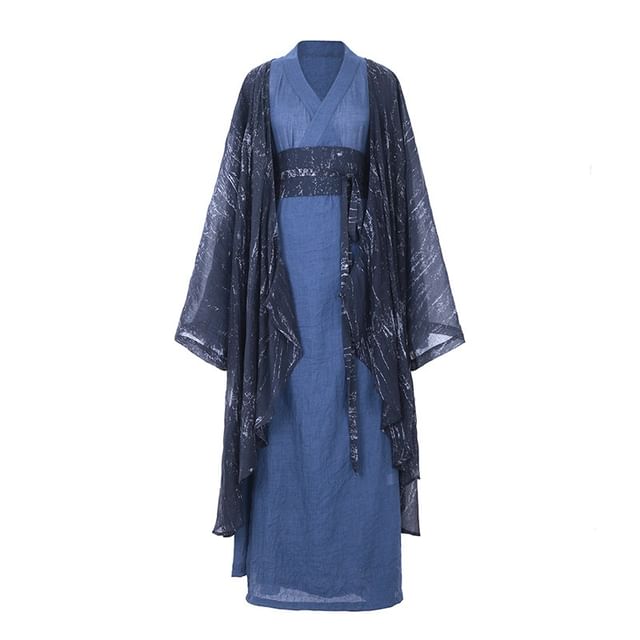 Long Sleeve Wrap Dress with Tie-Dye Jacket and Belt Set