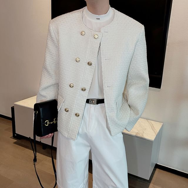 Round Neck Plain Tweed Double Breasted Jacket
