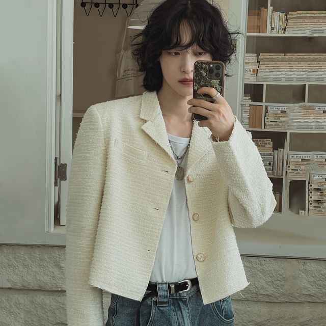 Notch Lapel Button-Up Plain Tweed Crop Jacket