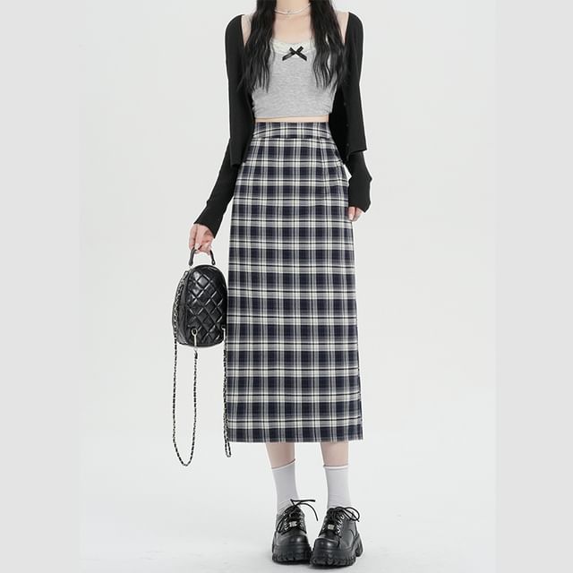 Slit Plaid Straight Midi Skirt with High Waist