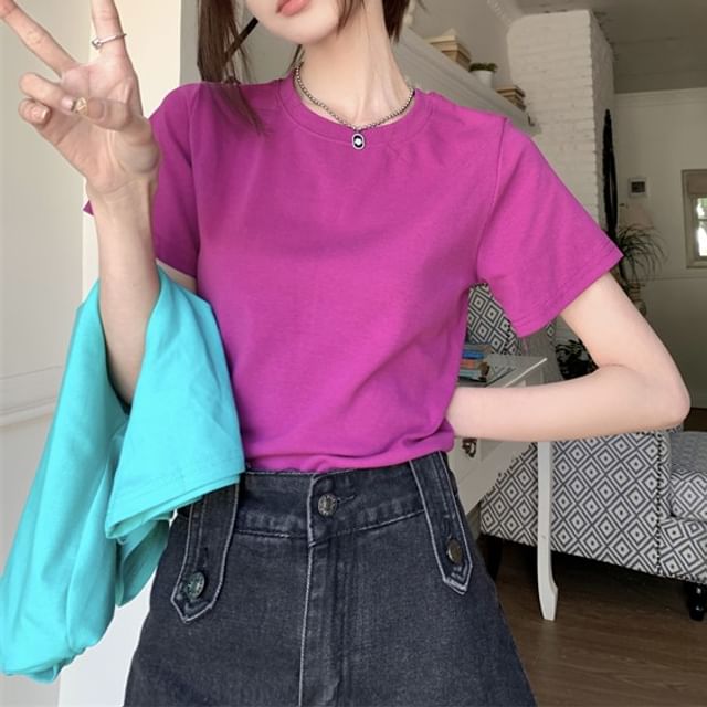 T-Shirt Plain Crewneck Crop Short-Sleeve