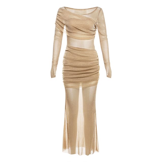Long Sleeve Boat Neck Glitter Ruched Panel Mesh Maxi Sheath
