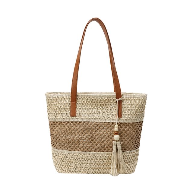 Tote Tassel Woven Two-Tone Bag