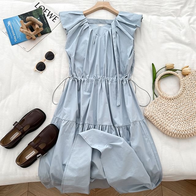 Drawstring Waist Ruched Panel V-Neck Sleeveless Maxi Dress