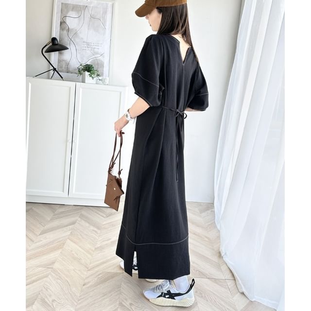 Button Slit Balloon Sleeve Contrast Stitch A-Line Maxi