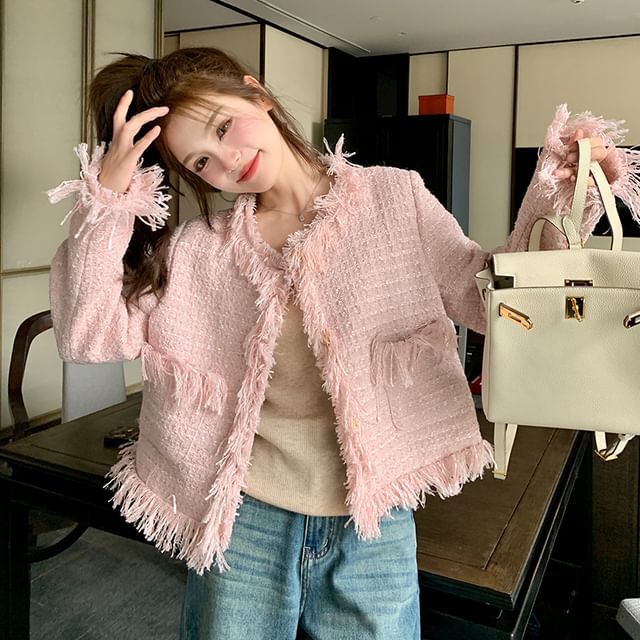 Tweed Tassel Trim Button-Up Jacket