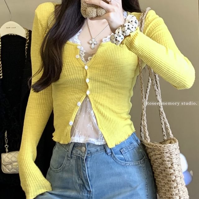 Cardigan Neck Trim Plain Camisole Scoop / V-Neck Lace Ruffle Top