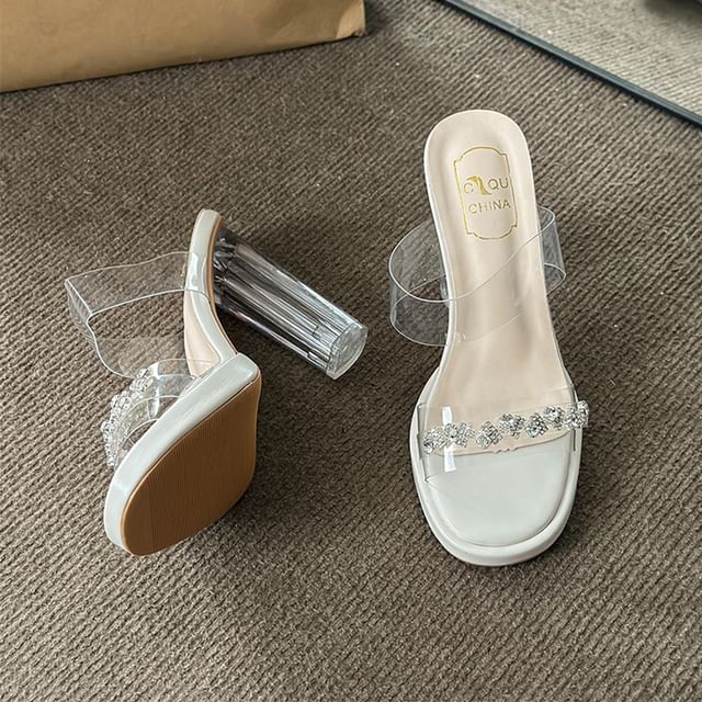 Rhinestone Transparent High Heel Slide Sandals