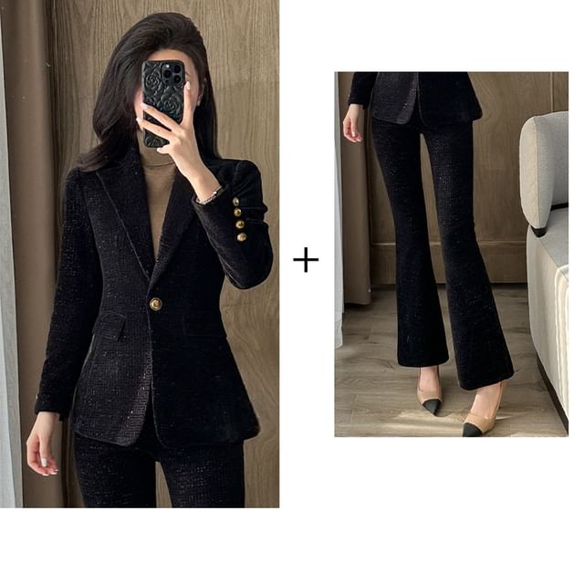 Lapel Collar Tweed Single Button Blazer / Mid Rise Plain Dress Pants / Set