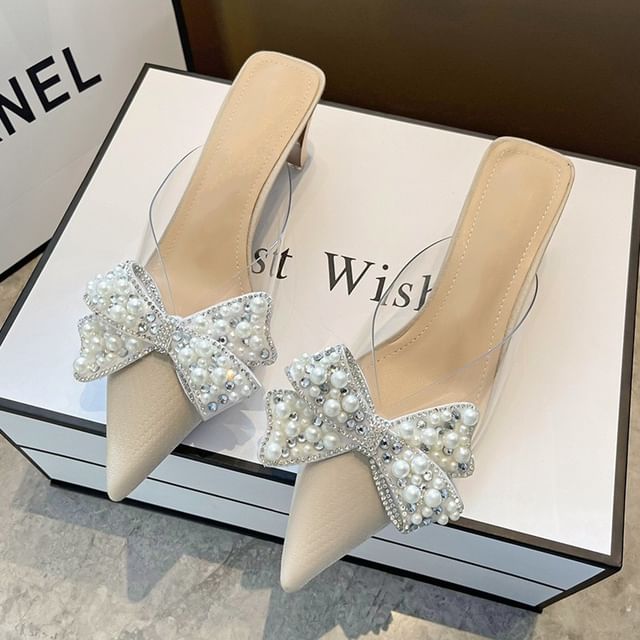 Bow Spool Beaded Heel Sandals Transparent