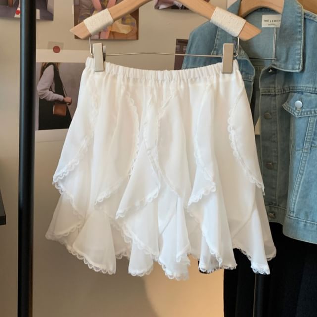 A-Line Lace Mini Waist Plain Ruffle Trim High Skirt