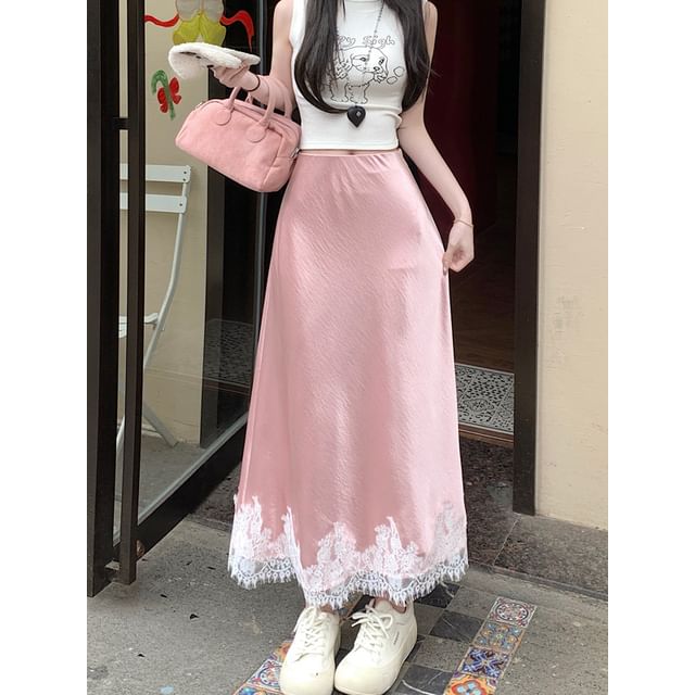 A-Line High Panel Skirt Satin Midi Lace Rise