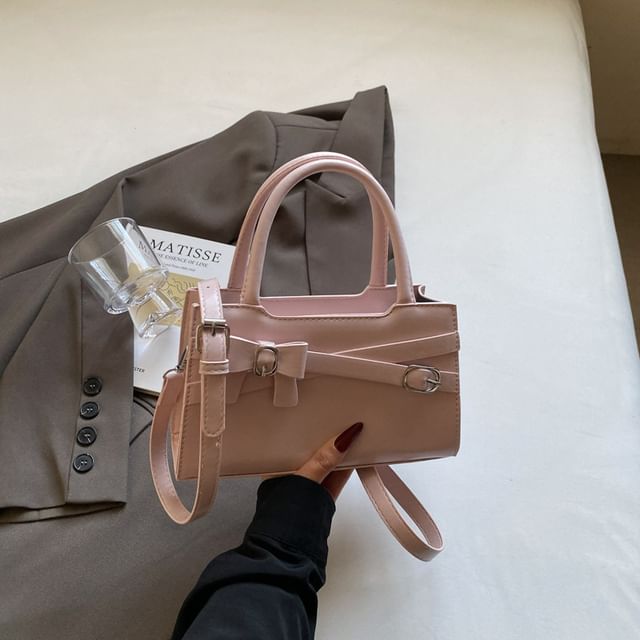 Handle Crossbody Faux Bag Leather Top Buckled Bow