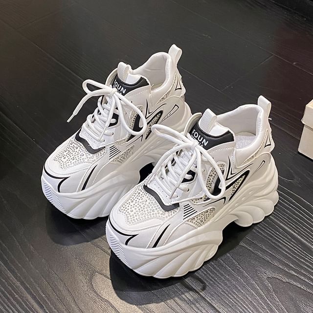 Leather Sneakers Wedge Faux Lace-Up Rhinestone Hidden