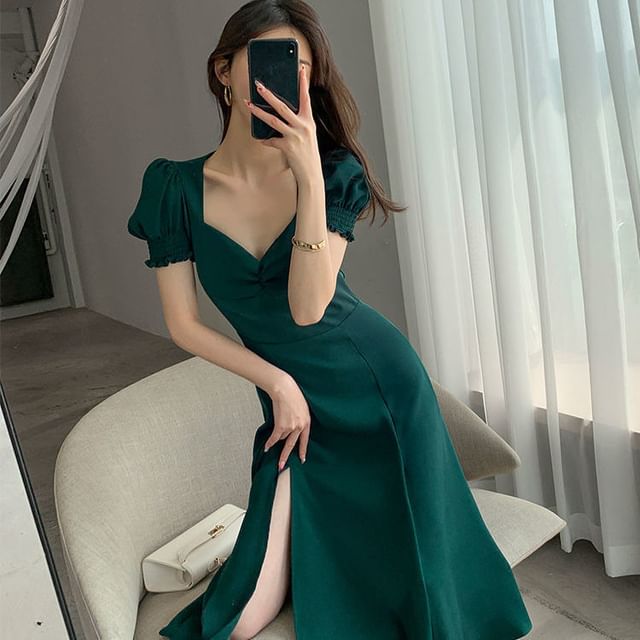 Midi Slit Neck Sleeve Puff Sweetheart Plain A-Line Dress