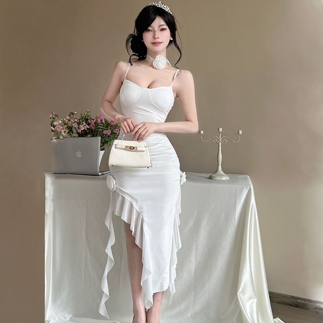 Asymmetrical Ruffle Hem Mini Bodycon Dress with Spaghetti Straps