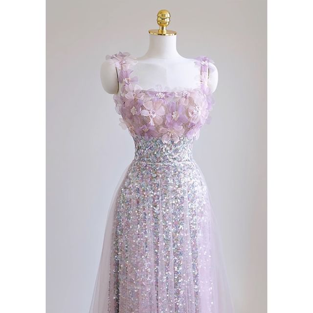 Wide Glitter A-Line Gown Floral Strap Evening