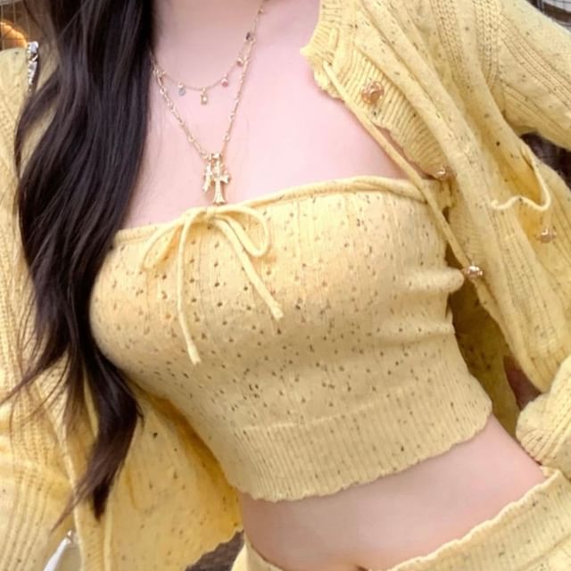 Drawstring Speckle Knit Cardigan Waist Top Pants Crop Tube / Hot Tie Front Perforated