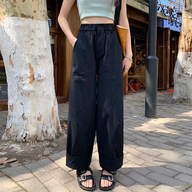 Wide Waist Cropped Elastic Pants Plain Leg