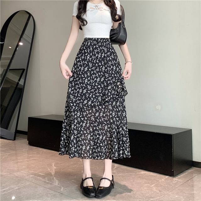 High Tiered Skirt Rise A-Line Floral Slit Midi