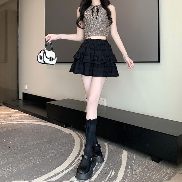 Plain A-Line Balletcore Skirt Tiered Elastic Waist Mini