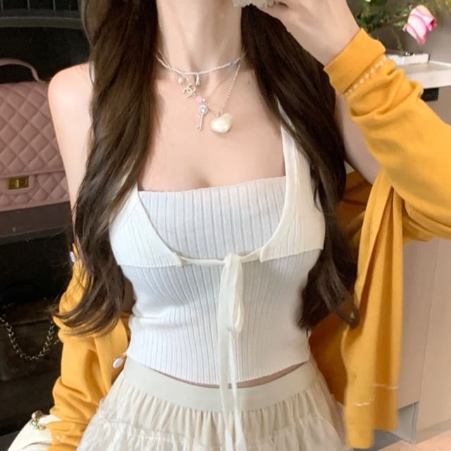 Contrast Crop Top Neck Tank / Cardigan Round Plain Ribbed Tie Front Stitching Knit
