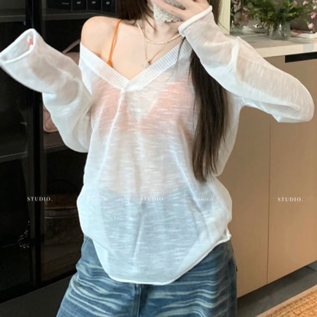 Long-Sleeve Bralette Knit Top Plain / V-Neck