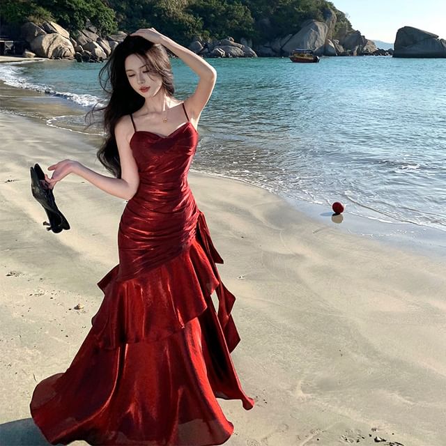 Ruffle Trim Sweetheart Neck Mermaid Evening Gown with Spaghetti Straps