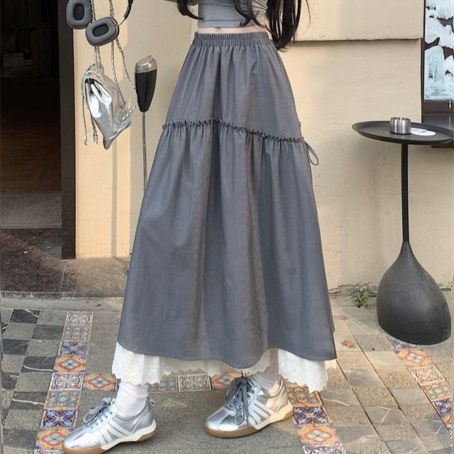 Trim Skirt Lace Plain Maxi Rise High A-Line