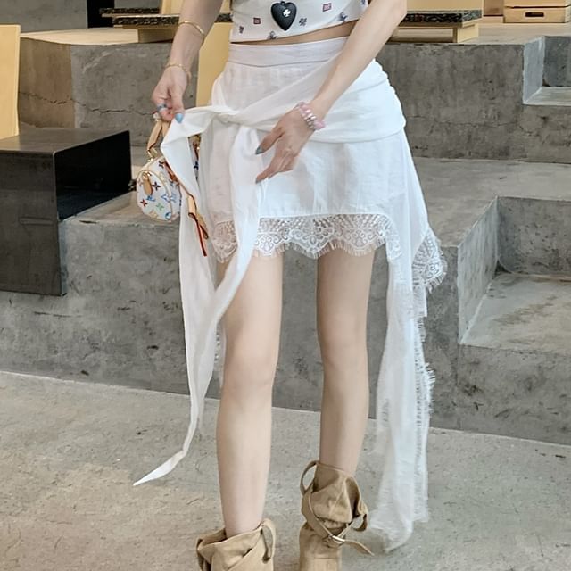 Trim Waist Lace High Plain Skort Asymmetrical Wrap