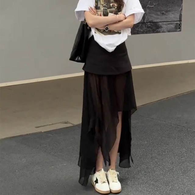 Asymmetrical Waist High Maxi Plain Skirt Straight