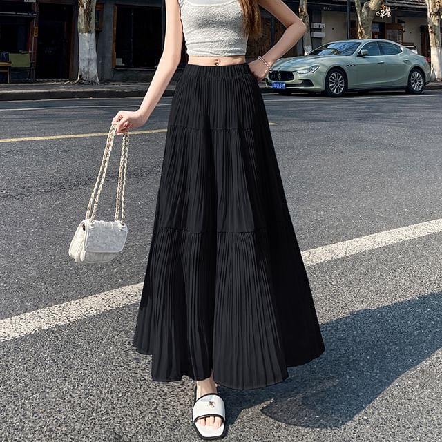 Accordion A-Line Waist High Plain Maxi Skirt Pleated