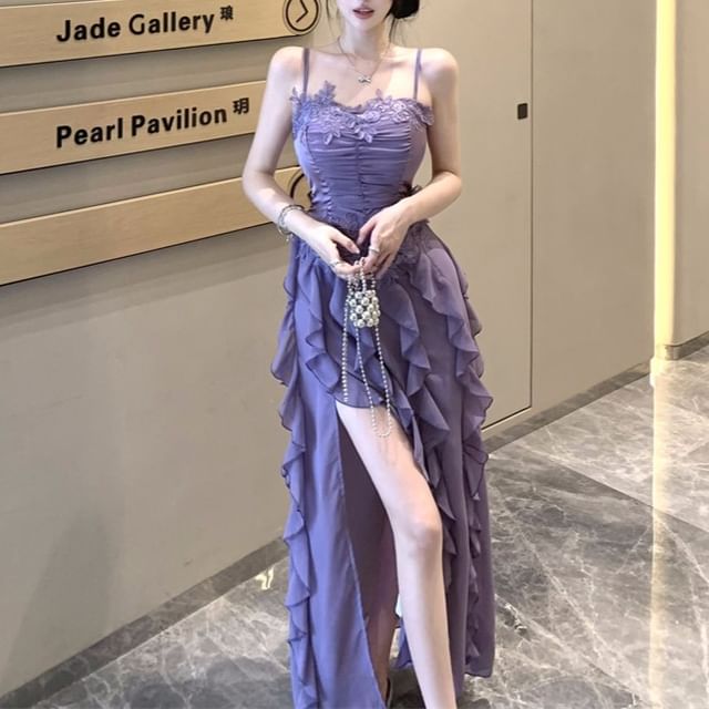 Ruffle Plain Lace Strap Slit Ruched Maxi A-Line Panel Spaghetti Dress