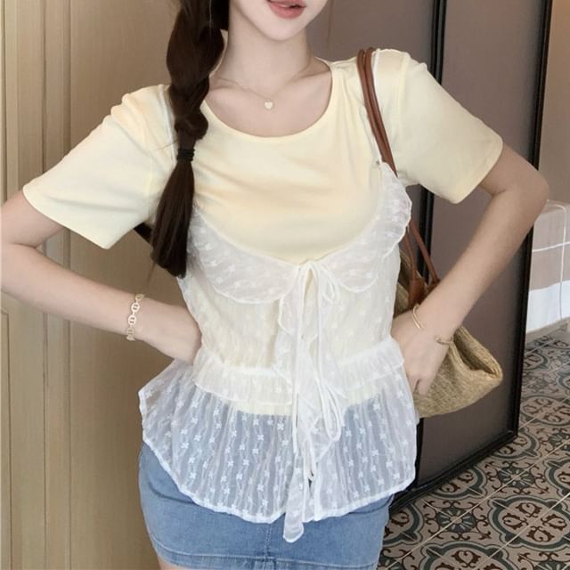 Tee Neck Crew Sheer Top Plain + Set: Ruffle Short-Sleeve Floral Cami