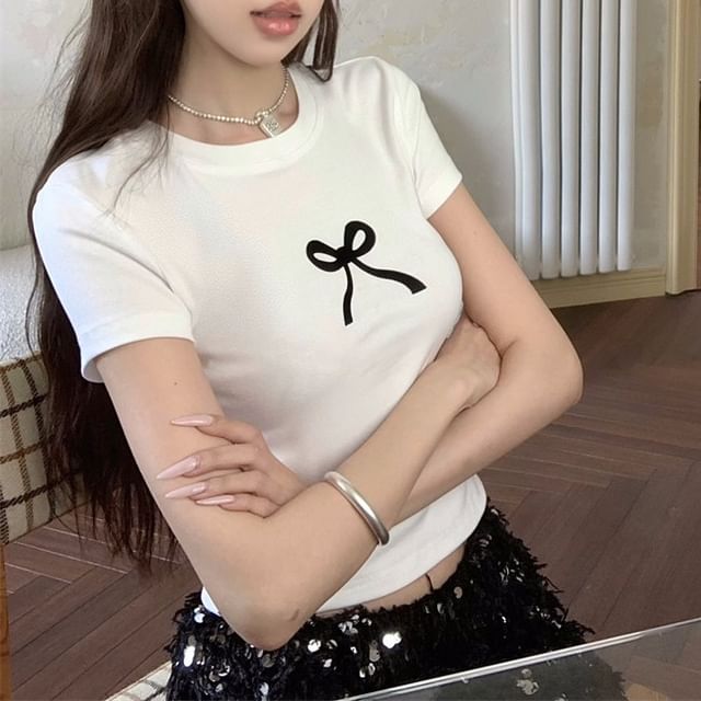 Print Round Cropped Neck T-Shirt Bow Short-Sleeve