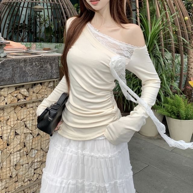 One-Shoulder Ruched High A-Line Trim Asymmetrical Plain Long-Sleeve Tee Skirt Lace Maxi / Rise