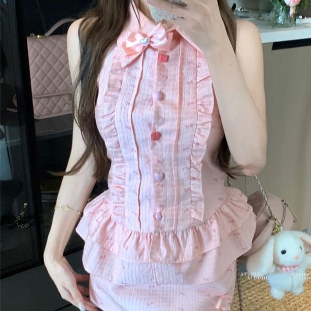Brooch High Ruffle Waist Set Skirt Mini Print Bow Blouse Collared Pencil / Sleeveless