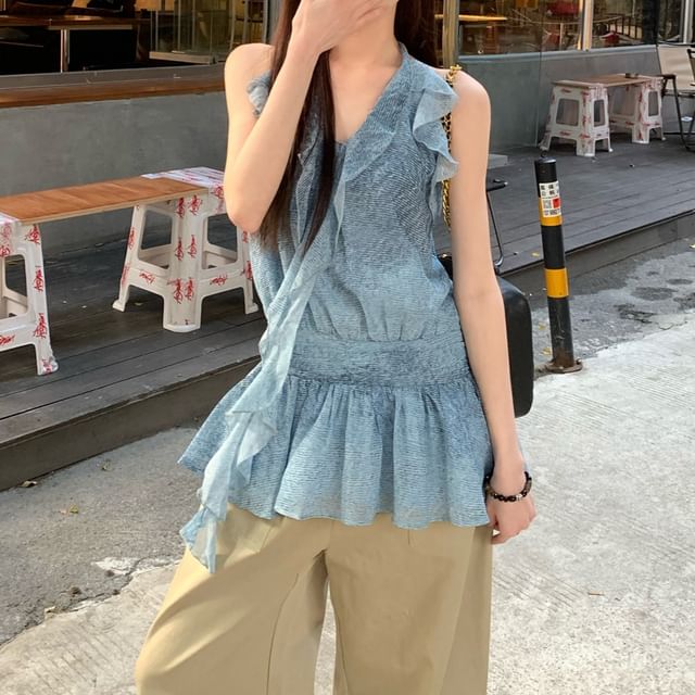 Pants Top Patterned Halter Cargo Ruffle Wide Leg Plain / Print High Waist