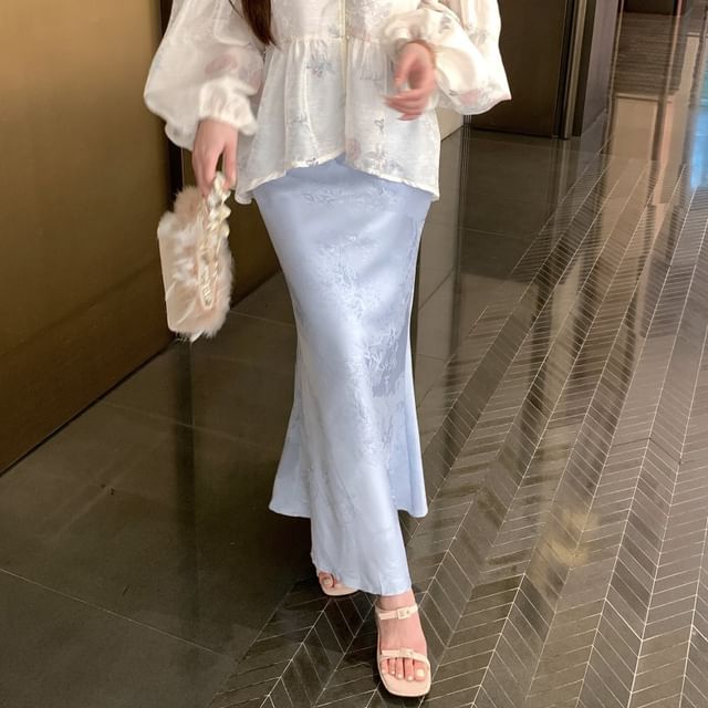 Sleeve Plain Blouse Jacquard Maxi Skirt Fishtail Long Collar / Set Print Floral Camisole Peplum Waist High Stand