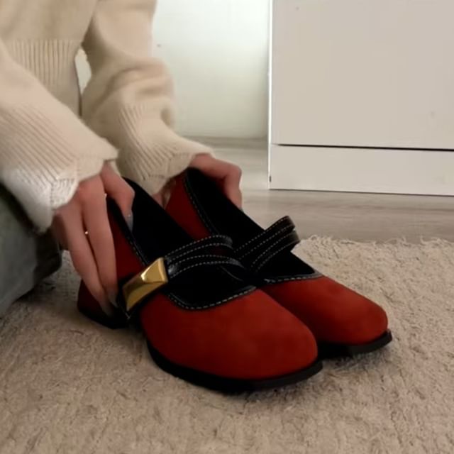 Jane Mary Buckle Shoes Metallic Heel Block