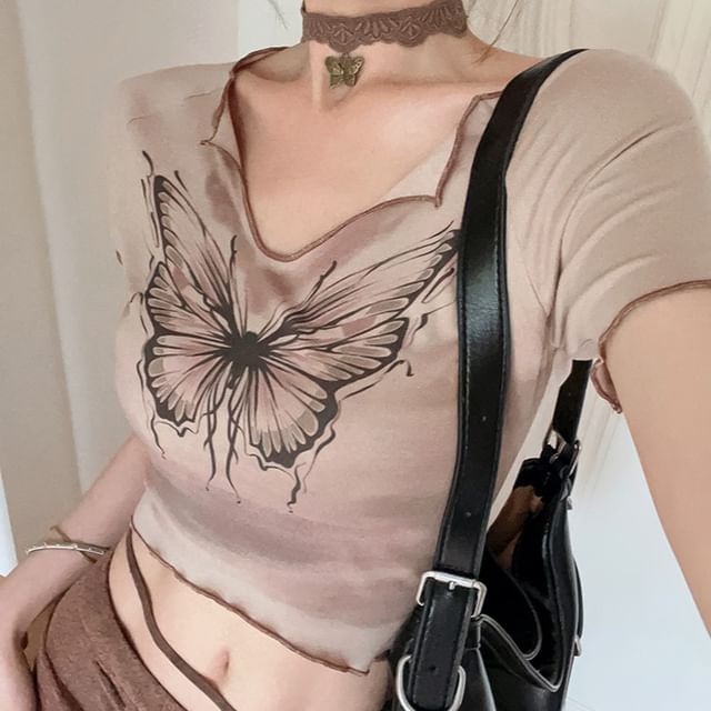 Tie-Up Maxi Short Print Mid Crop Tee Butterfly Skirt / Sleeve V-Neck Waist Pencil