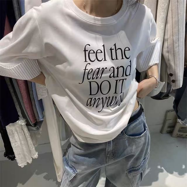 Sleeve Striped Short Print Round Neck Panel Lettering T-Shirt