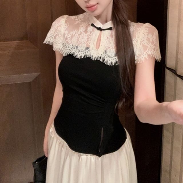 Short-Sleeve Maxi Top Asymmetrical Skirt Tone Two A-Line High / Waist