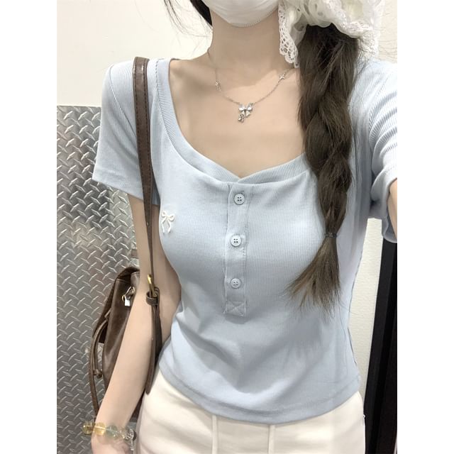Bow Embroidered Short-Sleeve Slim Fit Scoop Crop Neck T-Shirt