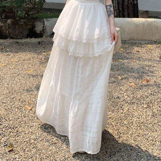 A-Line Lace Top Maxi Trim Camisole Skirt / Waist Plain High Peplum