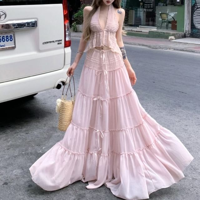 Rise V-Neck A-Line Maxi Low + Halter Top Set: Cropped Asymmetrical Skirt Plain