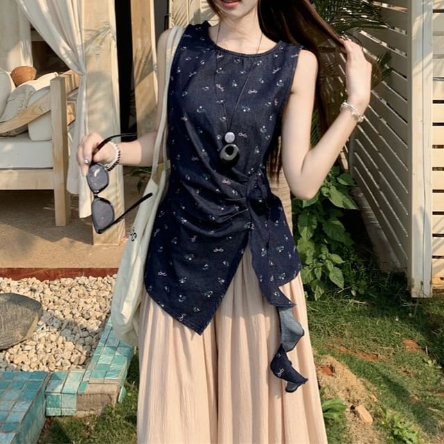 Leg High Asymmetrical Plain Tank Pants / Rise Wide Top Floral